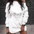 Dress Female Long-Sleeve Fleece Winter Fashion Women's Streetwear Solid O-Neck Waistband-Belt