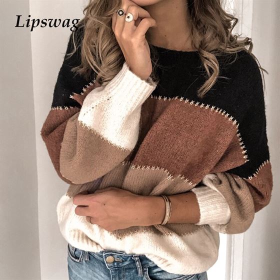 Lipswag Knitted Sweaters Tops Jumper Pullover Female Patchwork O-Neck Long-Sleeve Fashion