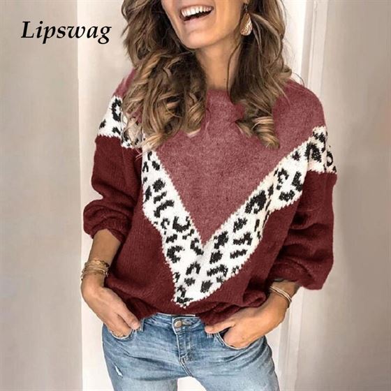 Lipswag Knitted Pullover Sweaters Jumper Tops Femme Patchwork Long-Sleeve Autumn Winter