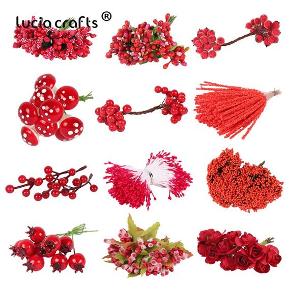 Wreaths-Decor Gift-Box Berries-Bundle Stamen Wedding-Cake Mixed Red Flower DIY Cherry
