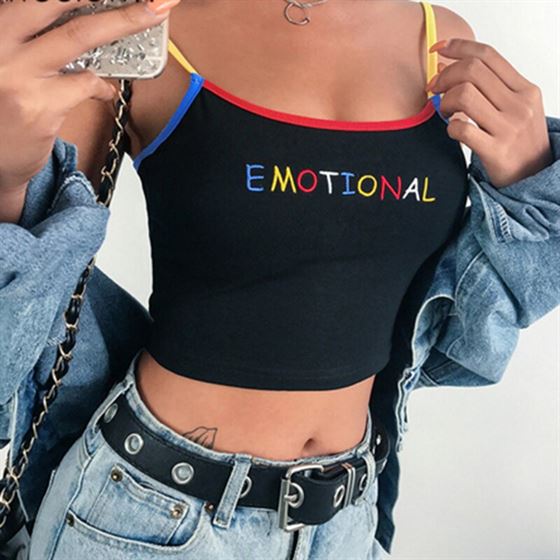 Tank-Tops Camisole Crop-Top Spaghetti-Strap Letter Embroidery Elastic Sexy EMOTIONAL