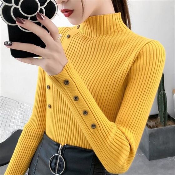 Knitted Sweater Pullovers Button Turtleneck Soft Female Full-Sleeve Women Autumn Solid