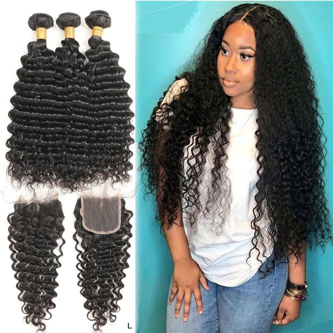Mihair Deep Curly Hair-Bundles Closure Weave with Remy 1b-