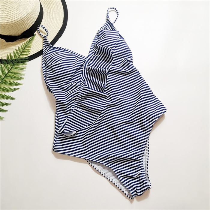 Blue and White Stripes One-piece Swimsuit Women Ruffle Ruched Monokini Backless 2019 Sexy Swimwear Female Beach Bathing Suits