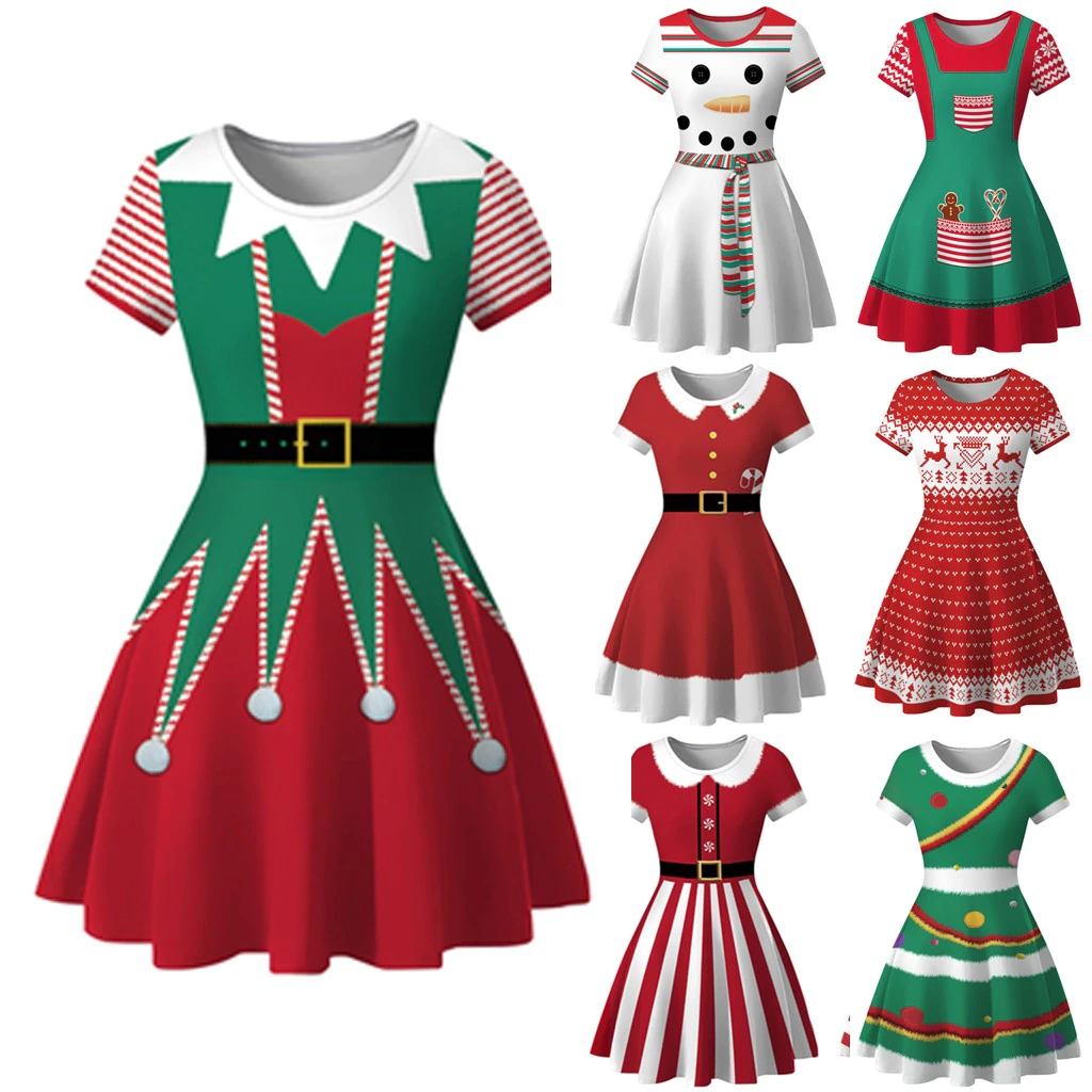 Vintage Robe Christmas-Dresses Short-Sleeve Snowman-Print Elegant 60S 50S Winter Red
