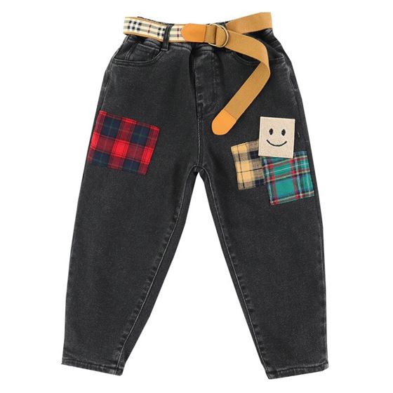 Winter Kids Jeans Plaid Patchwork Cotton Thermal Cowboy Baby Pants Children Black Cotton Thicken Fleece Denim Trousers 3-14 Year