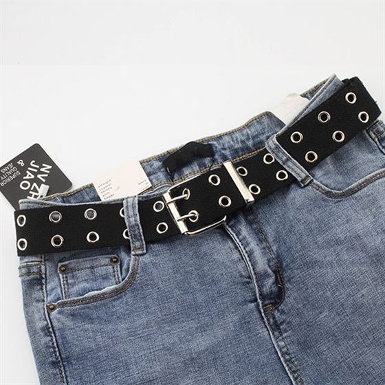 Men Jeans Hole-Buckle-Belt Waist-Strap Wide-Canvas Double-Grommet Belts For Harajuku
