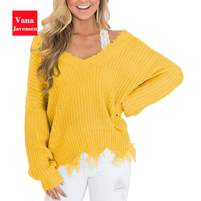 Vana Javeasen Off The Shoulder Autumn Sweater For Women Fringe Distressed Knitted Female