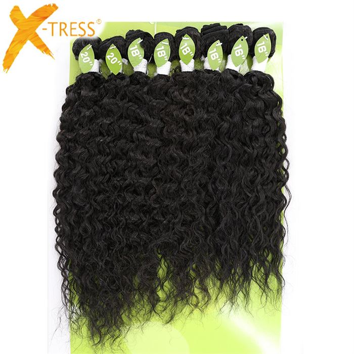 Kinky Curly Synthetic Hair Weave Bundles 16-20inch 8 Pieces Sew-in Weaves X-TRESS Ombre Brown Blend Human Hair Weft Extensions