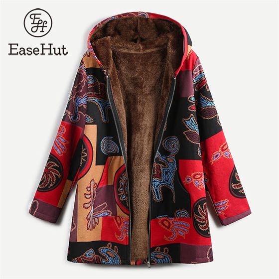Easehut Women's Winter Jackets Hood Long-Coat Thinparkas Autumn Plush Large-Size 4XL