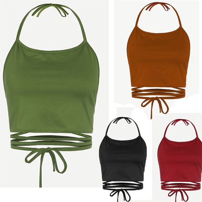 T-Shirt Vest Tank-Tops Crop-Top Women Clothing Strappy Backless Hot-Fashion HALTERSOLID