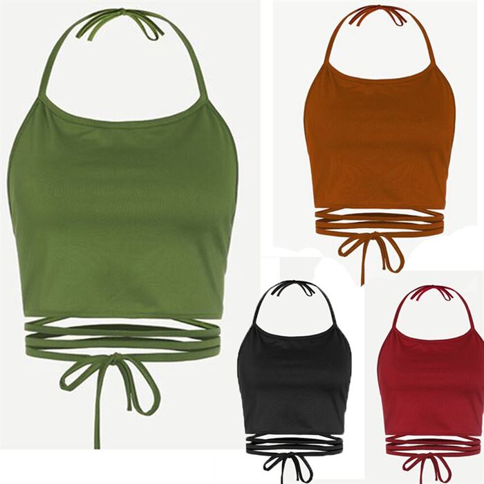 T-Shirt Vest Tank-Tops Crop-Top Women Clothing Strappy Backless Hot-Fashion HALTERSOLID