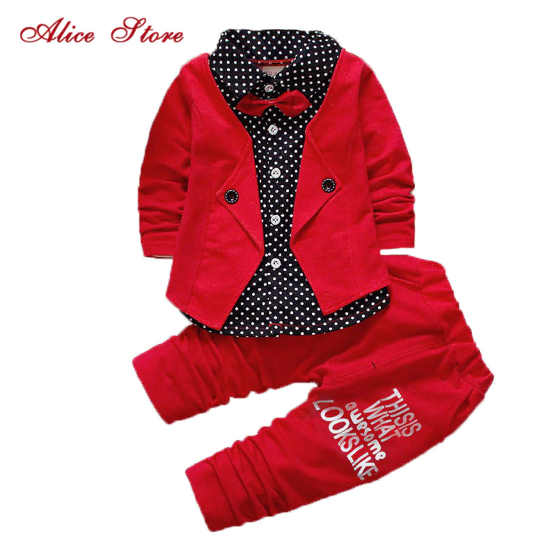 Two-Fake Clothing-Sets Pants Jacket Button Spring Baby Boys Children Letter Bow 2pcs