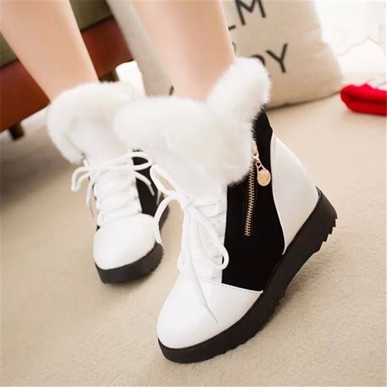 Women Boots Platform Fur Heels Ankle Thick Winter with Mujer Keep-Warm