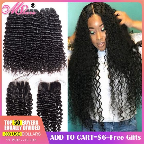 Mshere Wave Closure Bundles Human-Hair Deep Curly Peruvian with Free-Part Lace 4pcs/Lot