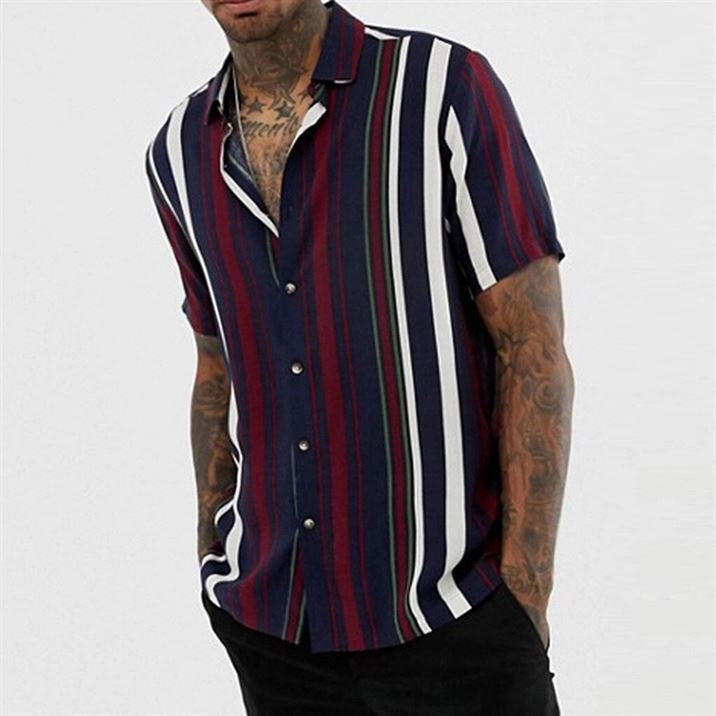 Shirts Men Blouse Short-Sleeve Multicolor Button-Down Stripe Irregular -3 High-Capacity