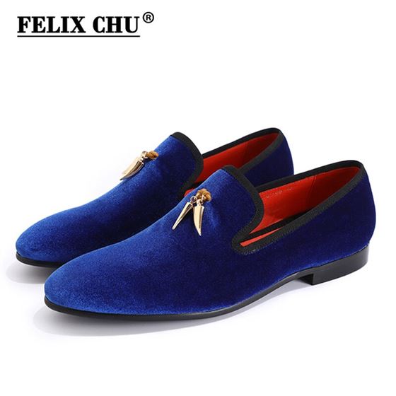 FELIX CHU Mens Plain Velvet Handmade Black Blue Loafers with Gold Metal Tassels Man Smoking Slippers Wedding Party Dress Shoes