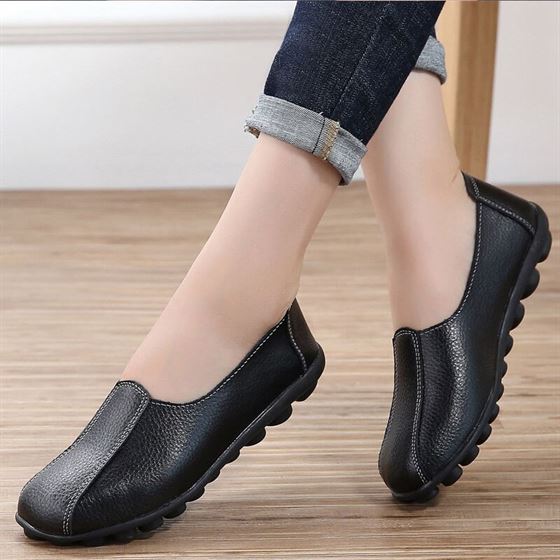 Loafers women genuine leather flats short plush winter casual shoes female flat large size 9.5/10 solid black shoes women