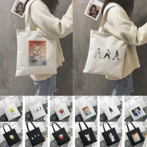 Tote-Bags Canvas Printing Reusable Fashion Women Cartoon Bolsa-De-Compras -F