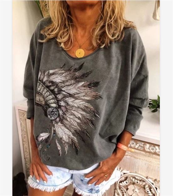 New Womens Fashion Long Sleeve T Shirt Casual Tops Ladies Loose Printed Feather Shirts Plus Size 5XL