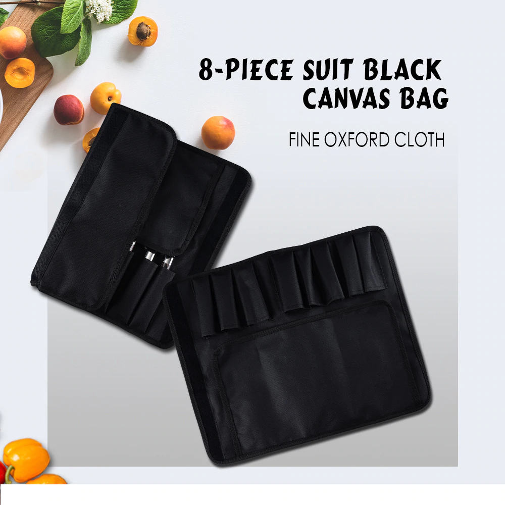 Knife-Bag Roll-Bag Kitchen-Tools Black Damask with 8-Pockets for Portable 8pcs Canvas