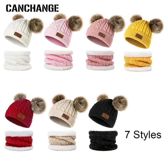 Girl Hat Scarf-Set Accessories Beanie Skullies Chimney Gorro Warm Baby Knit 2pcs And