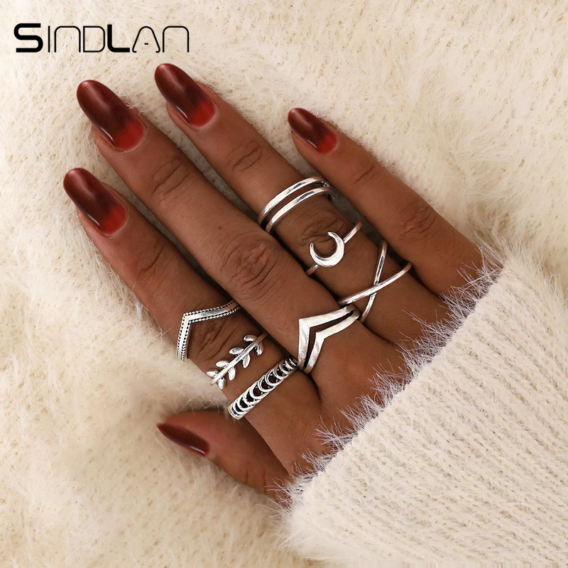 Sindlan 7Pcs Simple Silver Geometric Moon Charm Rings for Women Punk Fashion Boho Joint