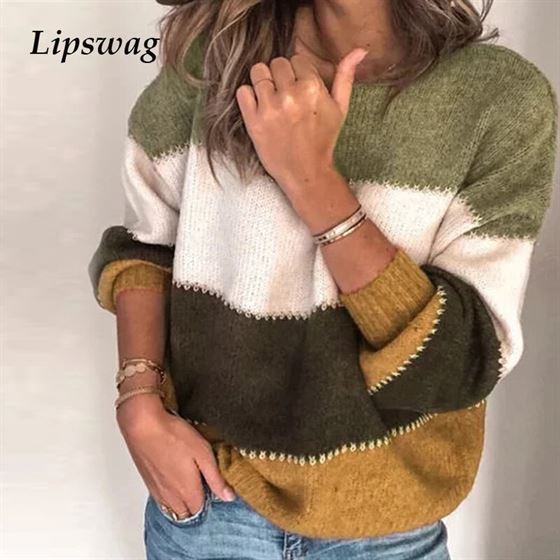 Lipswag Jumper Sweater Tops Knitted Pullover O-Neck Long-Sleeve Loose-Stripe Autumn Winter