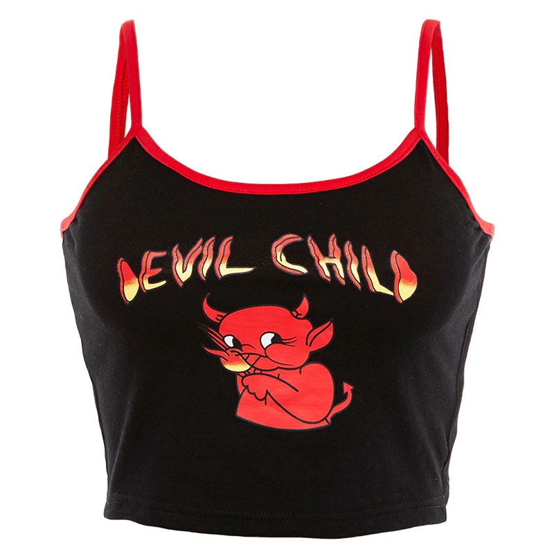 Camisole Top Crop-Top Spaghetti-Straps Patchwork Backless Print Demon Slim Sexy Fashion