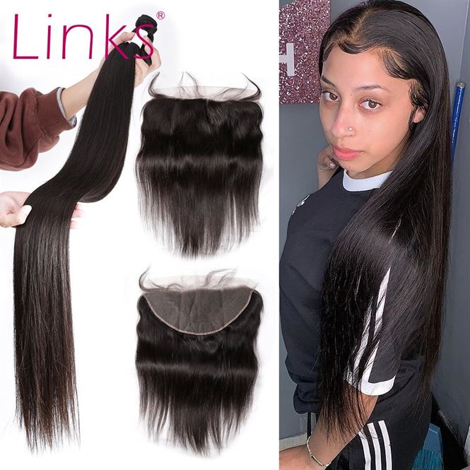 Links Weave Hair-Extension Closure Lace-Frontal Brazilian-Hair 4-Bundles Remy Straight