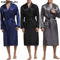 INCERUN Kimono Male Pajamas Bathrobe Dressing-Gown Satin Long-Sleeve Mens Silk Loungewear