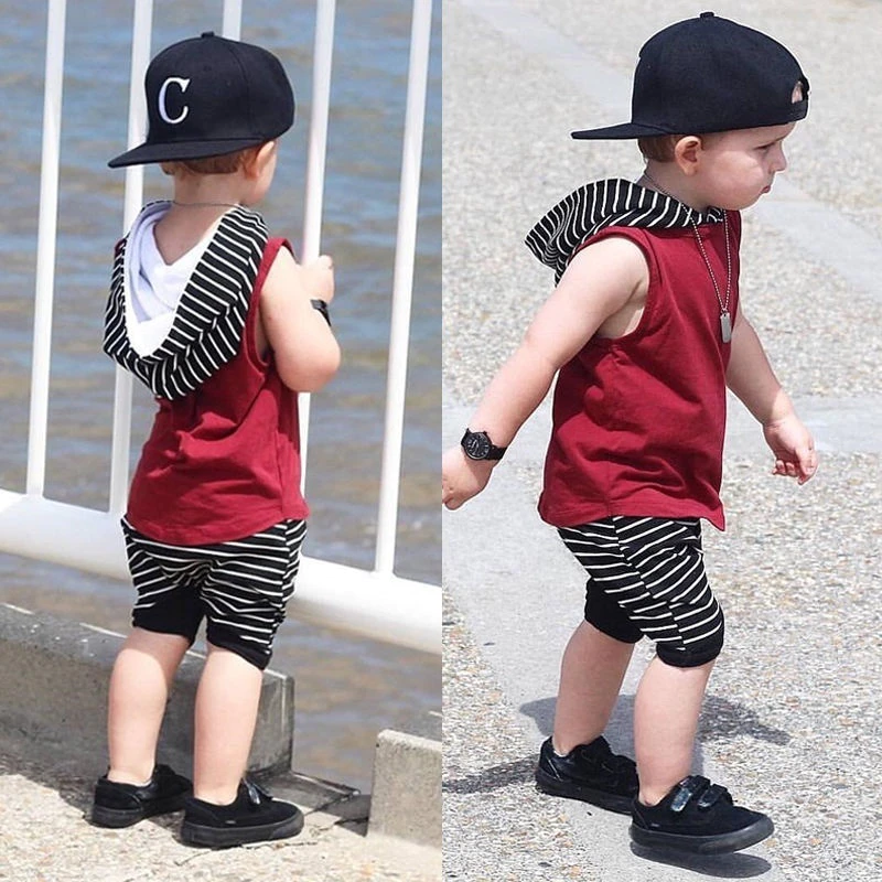 2 pieces Sleeveless Hooded T-shirt and Striped Shorts For Boy Summer Clothes