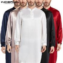 Gown Pajamas Robe Shirt Satin Silk Long-Sleeve Dress Lounge Kurtas Arabe Islamic Masculina
