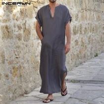 INCERUN Men Robes Kaftan Short-Sleeve Arab Islamic Muslim Vintage Cotton Plus-Size Loungewear