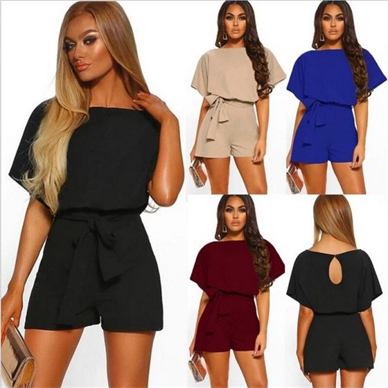 Beach Romper Jumpsuit Overalls Short-Sleeve Plus-Size Women BELTED Elegant Casual Fashion