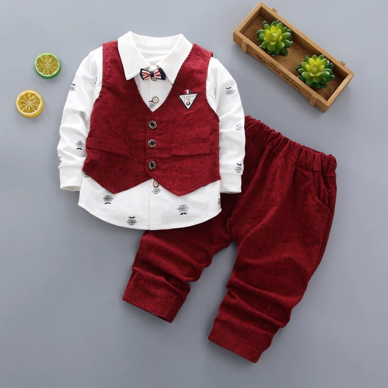 Cotton Vest Pants Children Clothing Autumn Boys Suits Shirt Long-Sleeve Infant 3pcs Bow-Tie