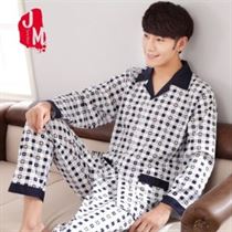 Men Pajama Sleepwear Nightwear Male XXXL Spring Autumn Plaid Suit Cotton Collar Two-Piece