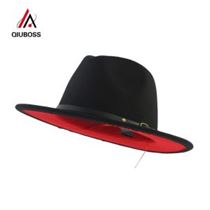 QIUBOSS Jazz Fedora Hats Belt-Buckle-Decor Trilby Brim Panama Wool-Felt Black Wide Women