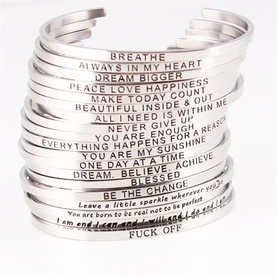 Bangle Mantra-Bracelets Engraved Handmade-Cuff Stainless-Steel Positive Quote Silver