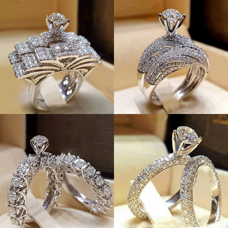 2Pcs Bridal Set Elegant rings for Women Sliver Color Wedding Engagement fashion Jewelry