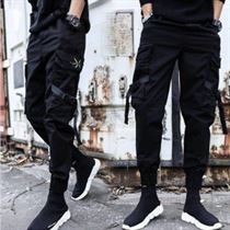 Man Trousers Joggers-Pants Ribbons Streetwear Side-Pockets Black Cotton Mens Slim
