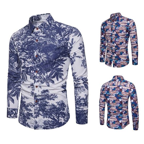 Hulooxuji Linen Shirts Hawaiian Dress Long-Sleeve Printed Classic Casual Mens Breathable