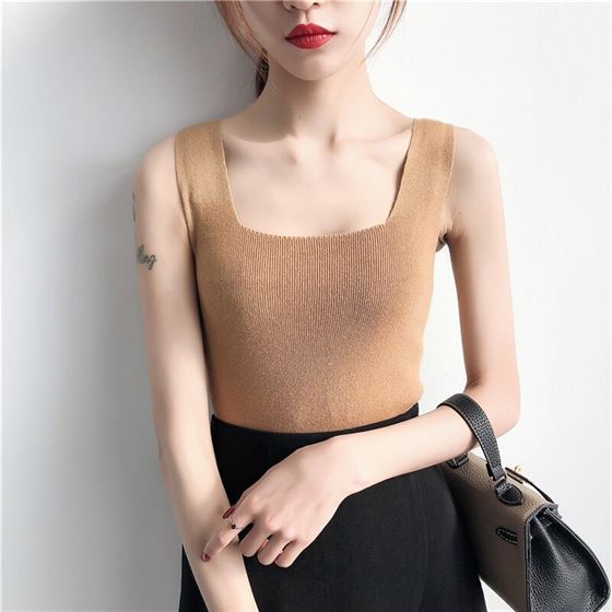 Women's Sexy Square Collar Solid Sleeveless Pullover Knitted Tank Top