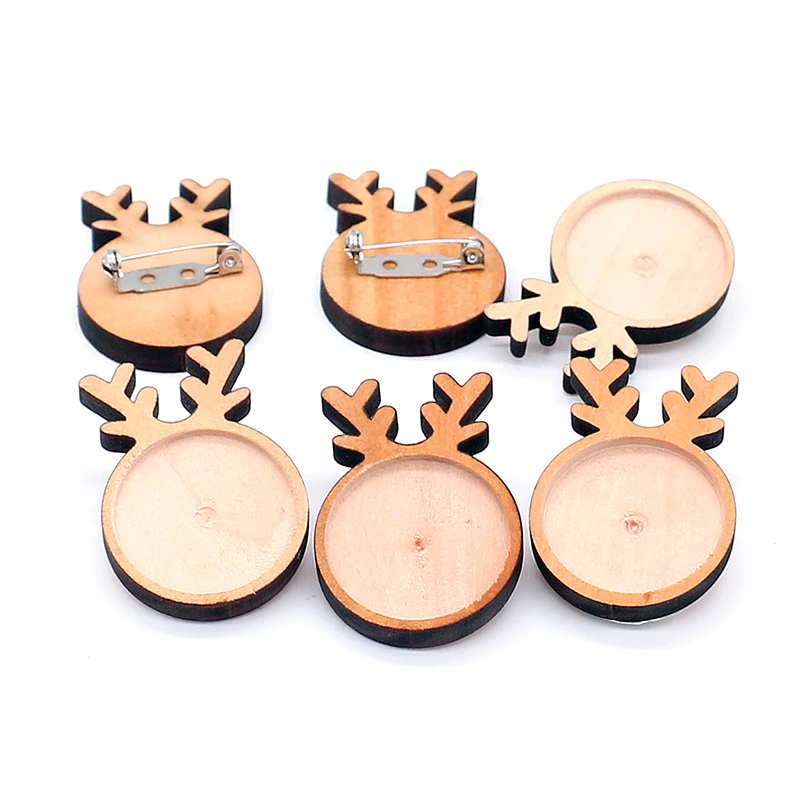 10pcs/lot Christmas Wooden Deer 25mm Round Brooch Base Cabochon Blanks Trays with Brooch Pins Cameo Cabochon Base Setting