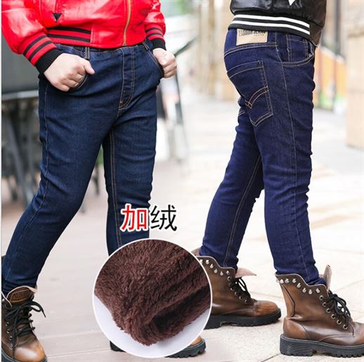 Boys Jeans Trousers Demin-Pants Elastic-Waist Warm Winter Kids Children Thicken for Causal