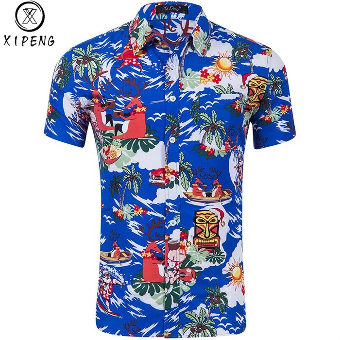 Summer Shirt Short-Sleeve Christmas-Series Deer Hawaiian Print Cotton Casual 3D Brand