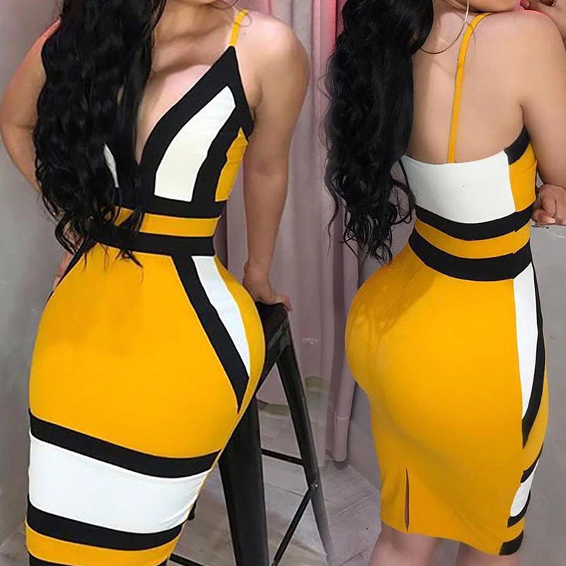 Camis Dress Strip Geometric-Figure Club Resort Yellow-Strap Boho Bodycon Deep-V-Neck