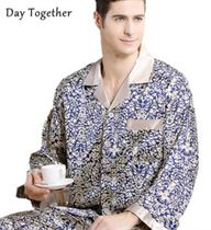 Plus Size Men Luxury Satin Pajamas Long Sleeved Silk Pijama Sleepwear For Men Pyjamas Set Printed Nightwear Man