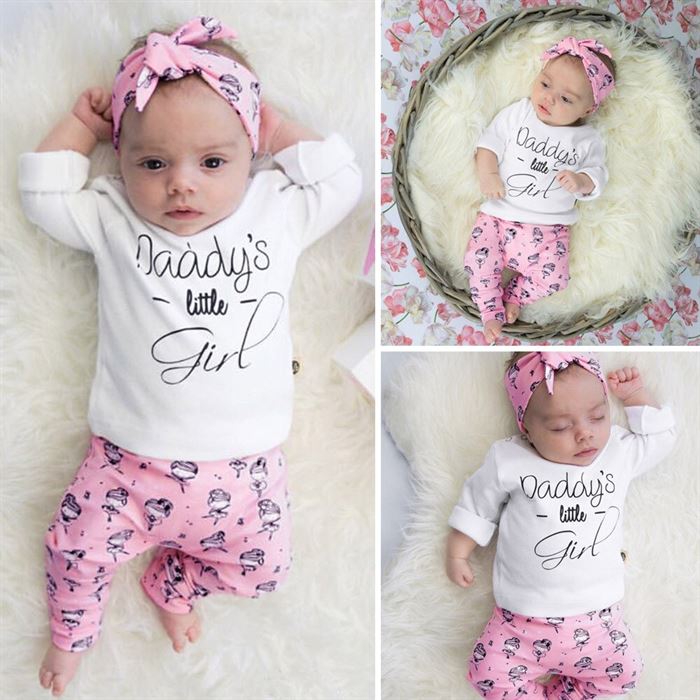 T-Shirt Pants Daddy's Girls Infant Cotton Long-Sleeved 3pcs Newborn Headband Letter