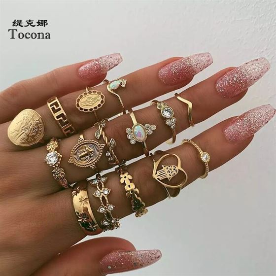 Tocona Crystal-Ring-Set Jewelry Fatima Hands Geometric Cross-Leaf Bohemia Heart Women Fashion